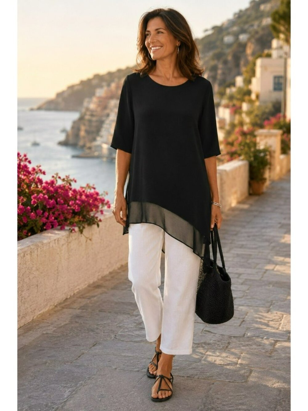 Eileen Fisher 100% Silk High-Low Sheer Hem Tunic Top 3/4 Sleeve Womens Small Bla